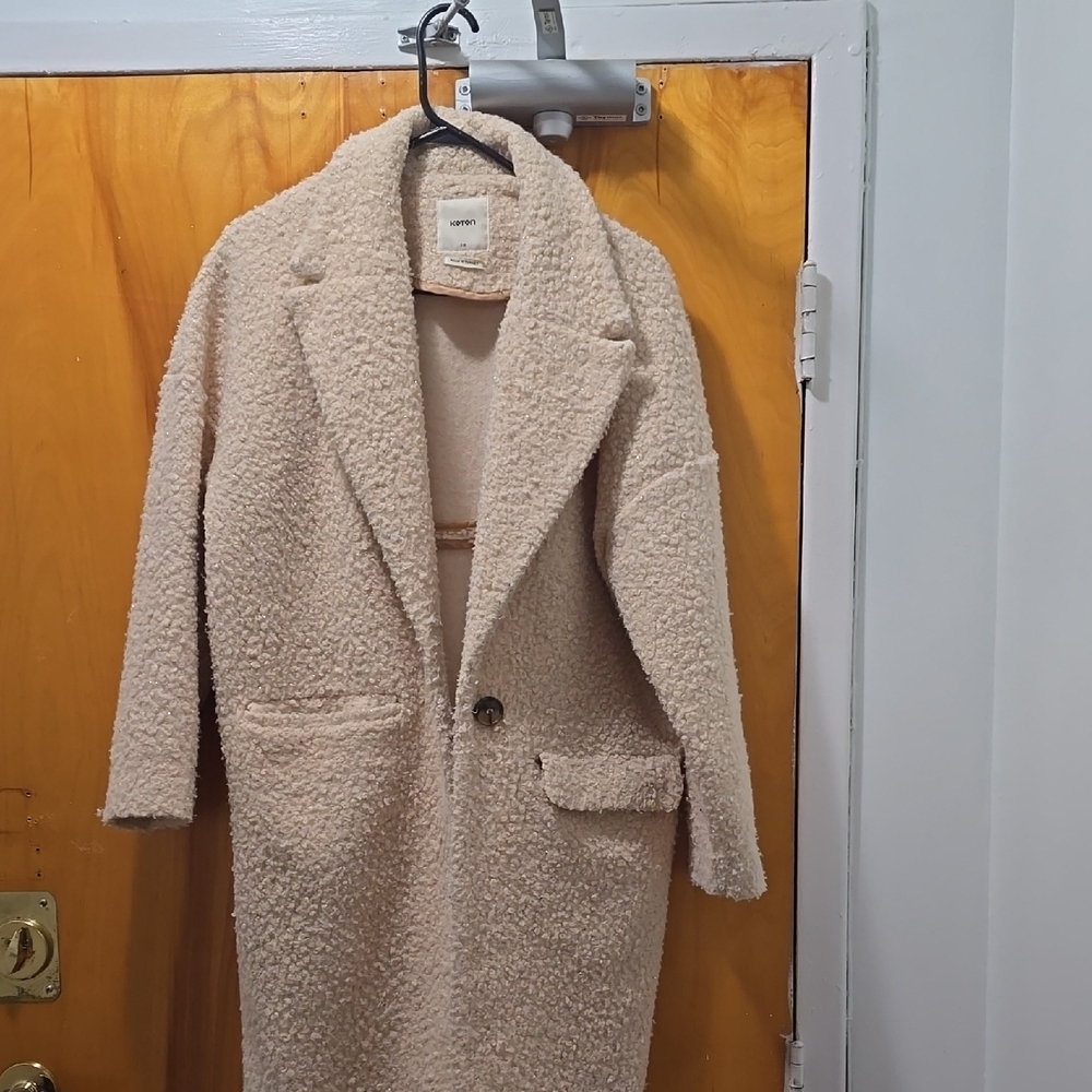 Cream Sherpa Pea Coat with Lapel Collar